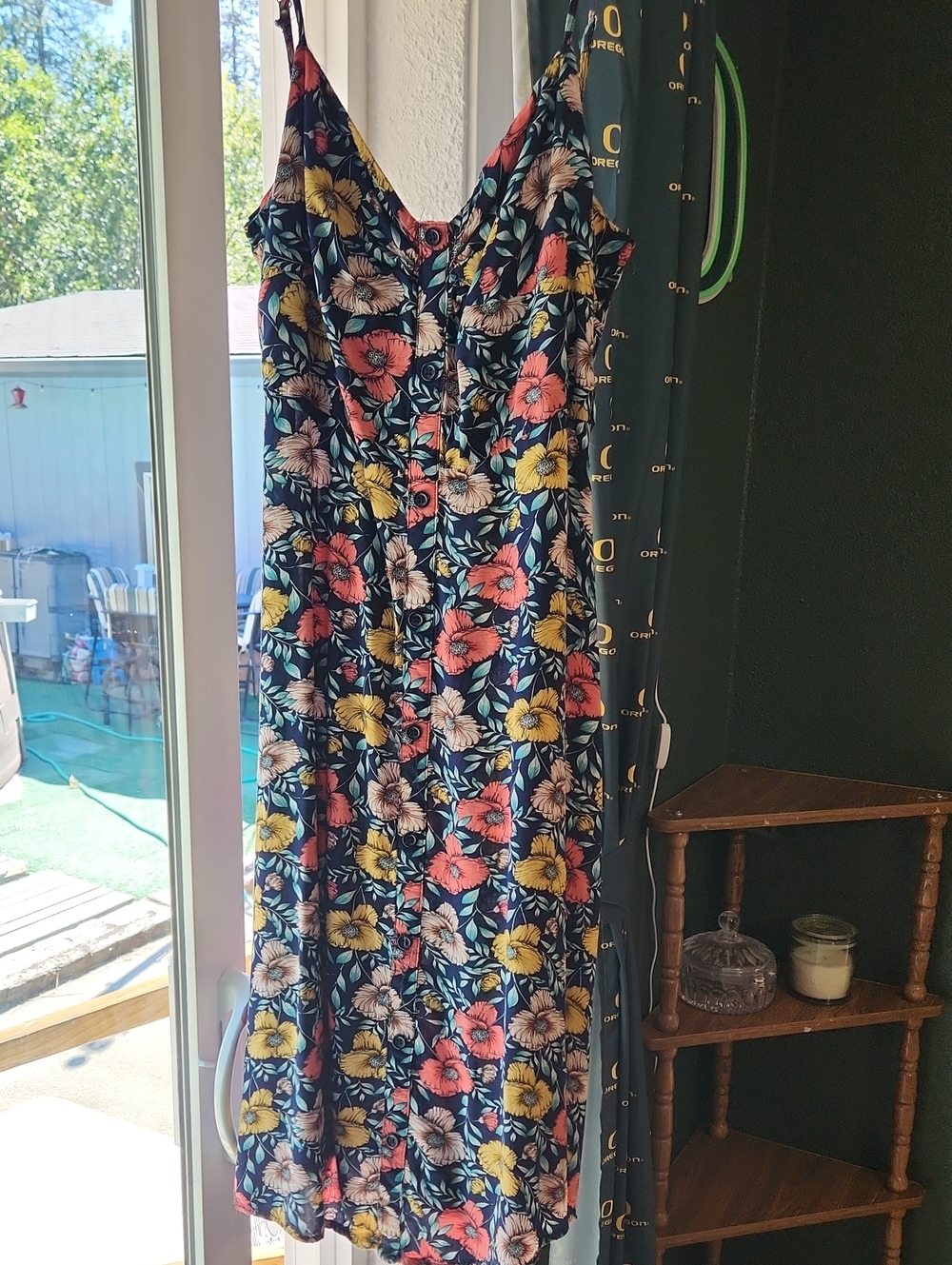 Floral Button-Front Navy Slip Dress with Yellow & Coral Blooms